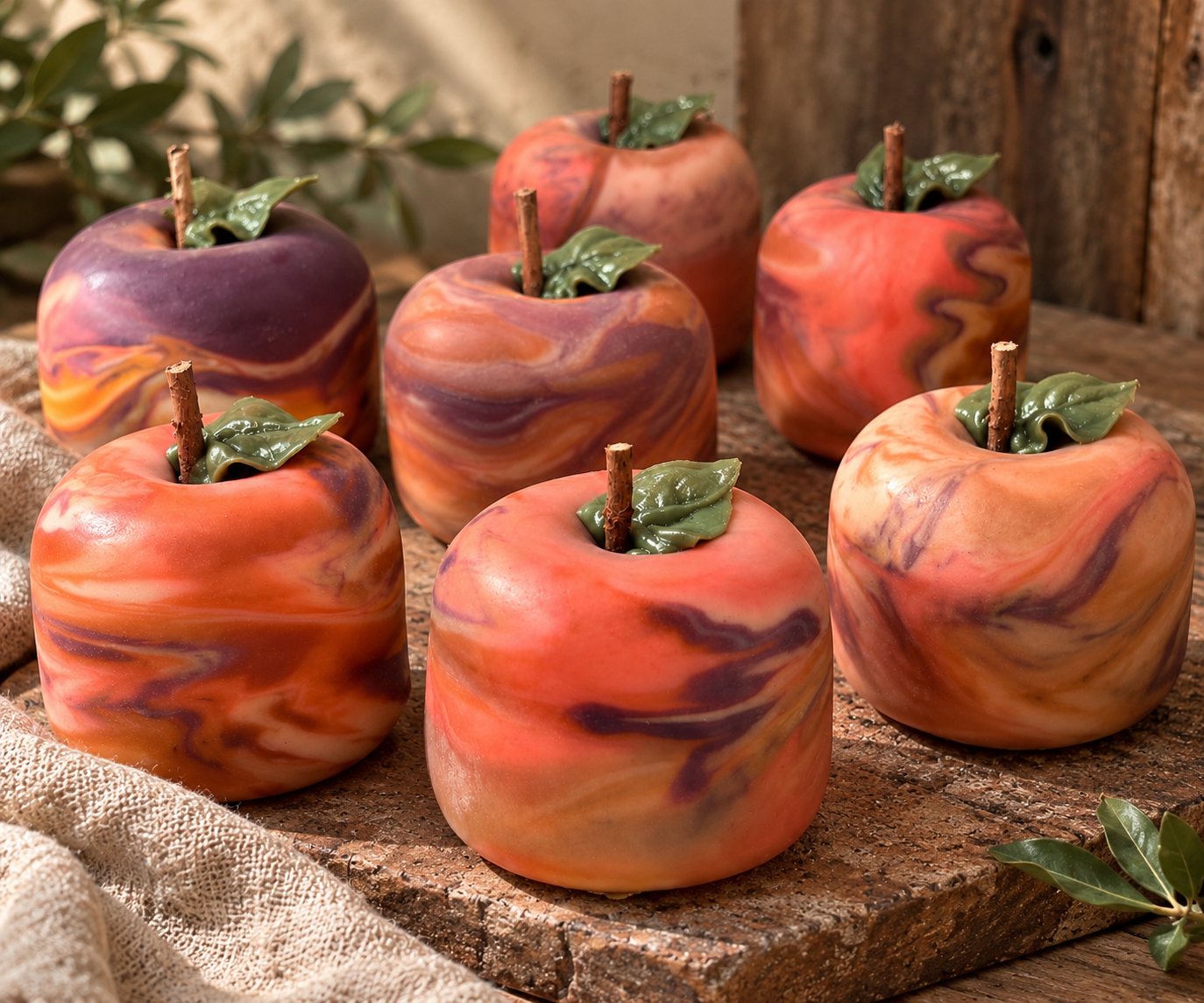 Seven marbled soap apples in coral, plum and peach with piped leaves and twig stems, on a wooden board