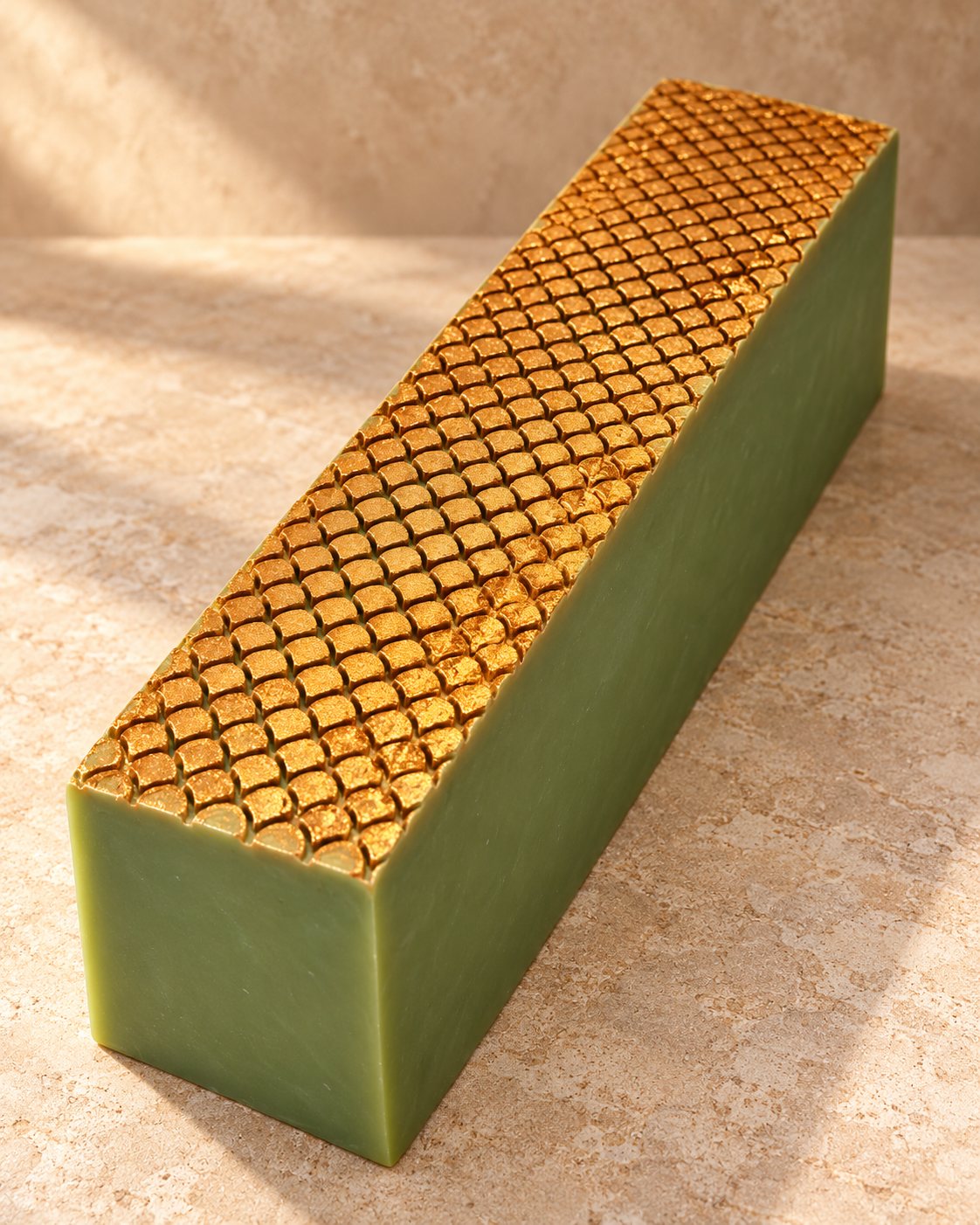 Uncut sage-green Dark Amber Rosewood loaf with a gilded scalloped top