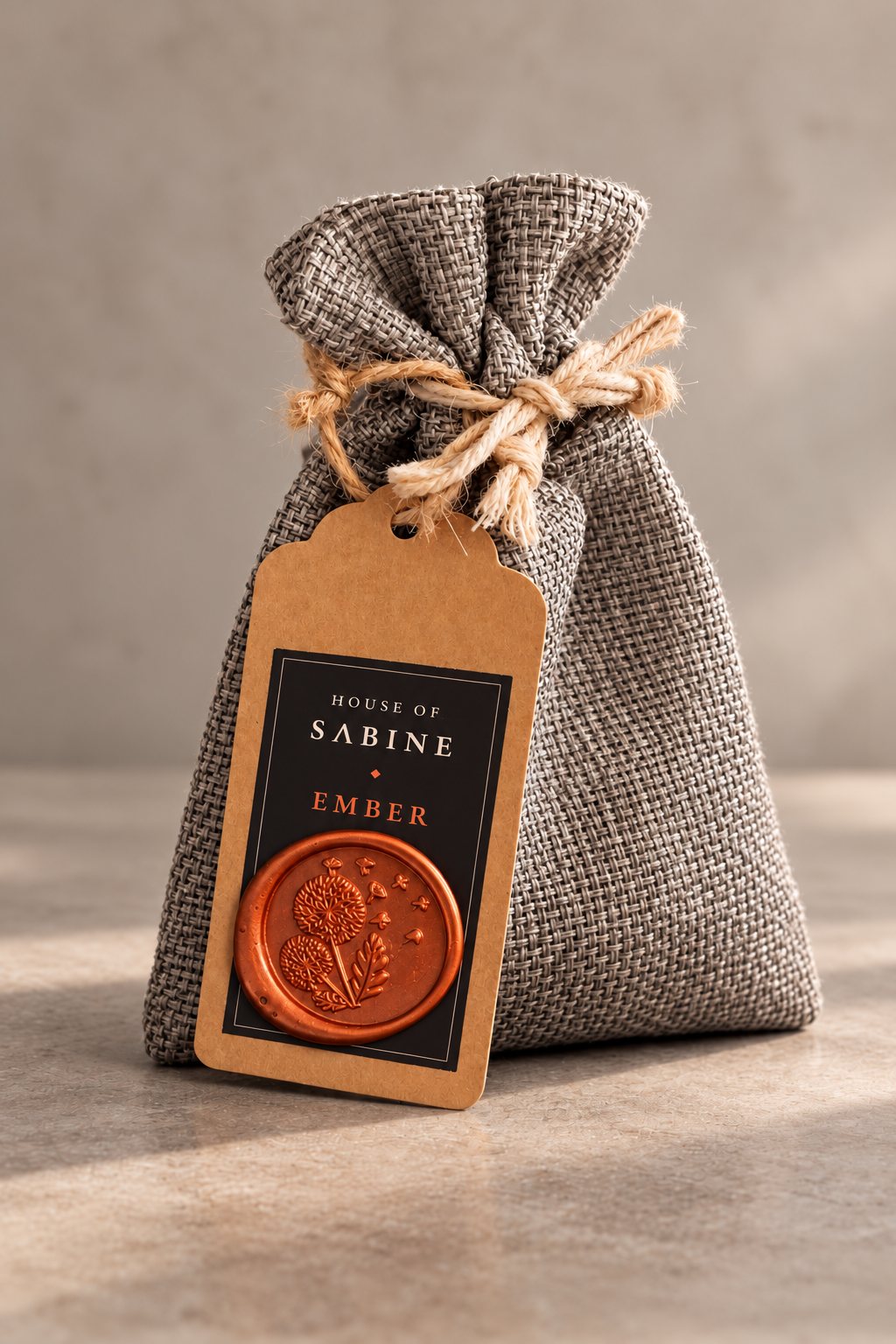 Ember river stones in a grey burlap bag tied with twine, with a House of Sabine tag and a copper wax seal