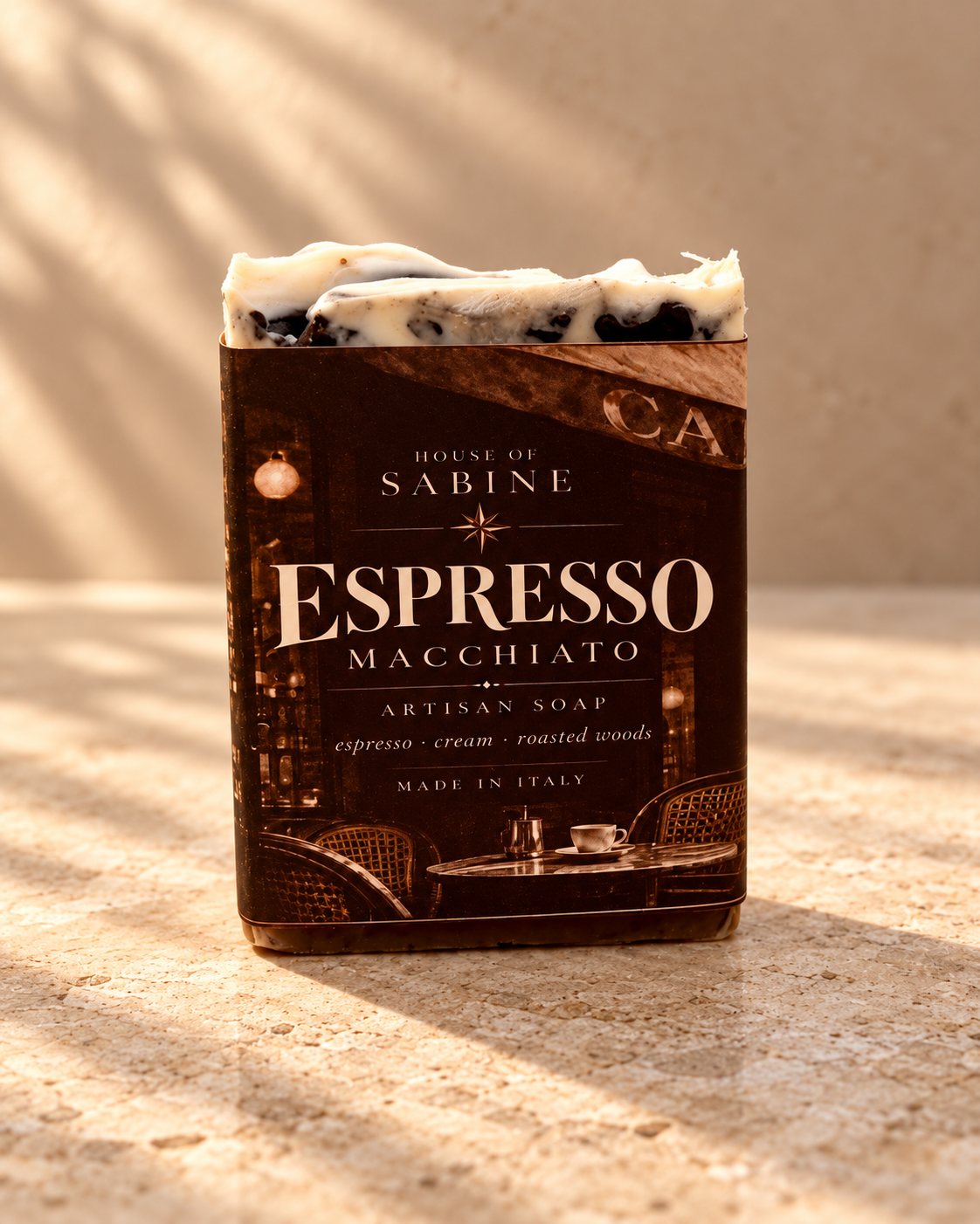 Espresso Macchiato bar in a sepia Paris café label, whipped cream top with coffee flecks