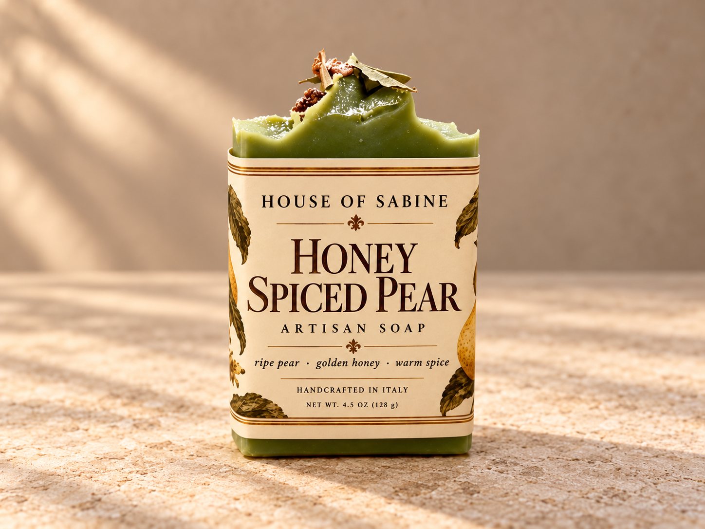 Honey Spiced Pear bar, sage green with a botanical top, in a cream pear-and-honey label