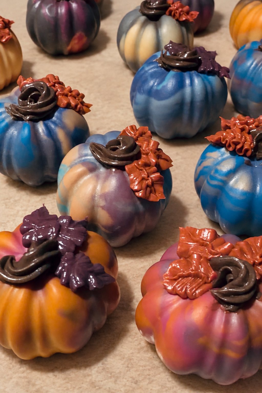 Sculptural soap pumpkins in blue, plum, orange and rose with piped chocolate stems and rust leaves