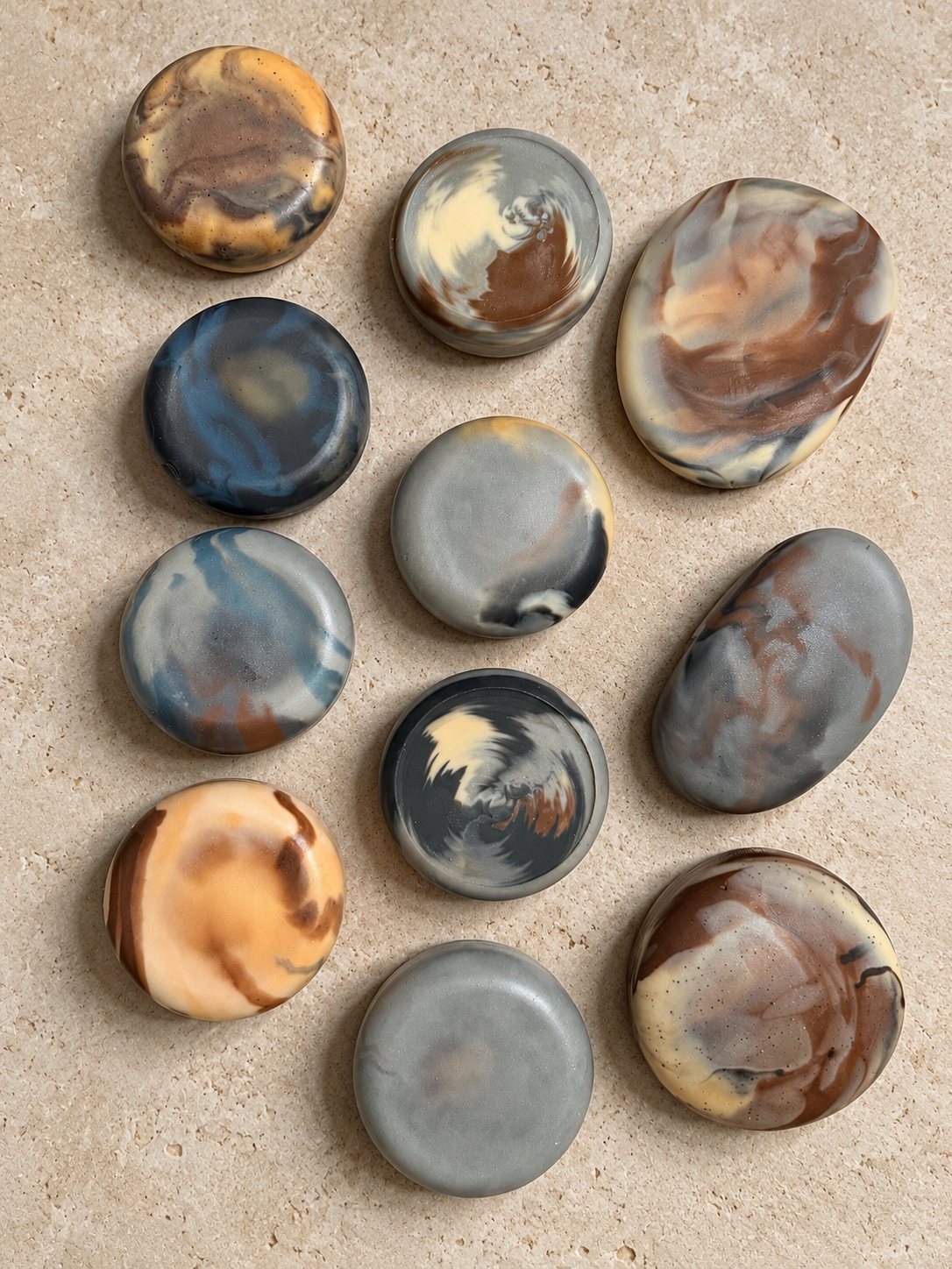 Marbled river-stone soaps in grey, blue, amber and rust, arranged on travertine