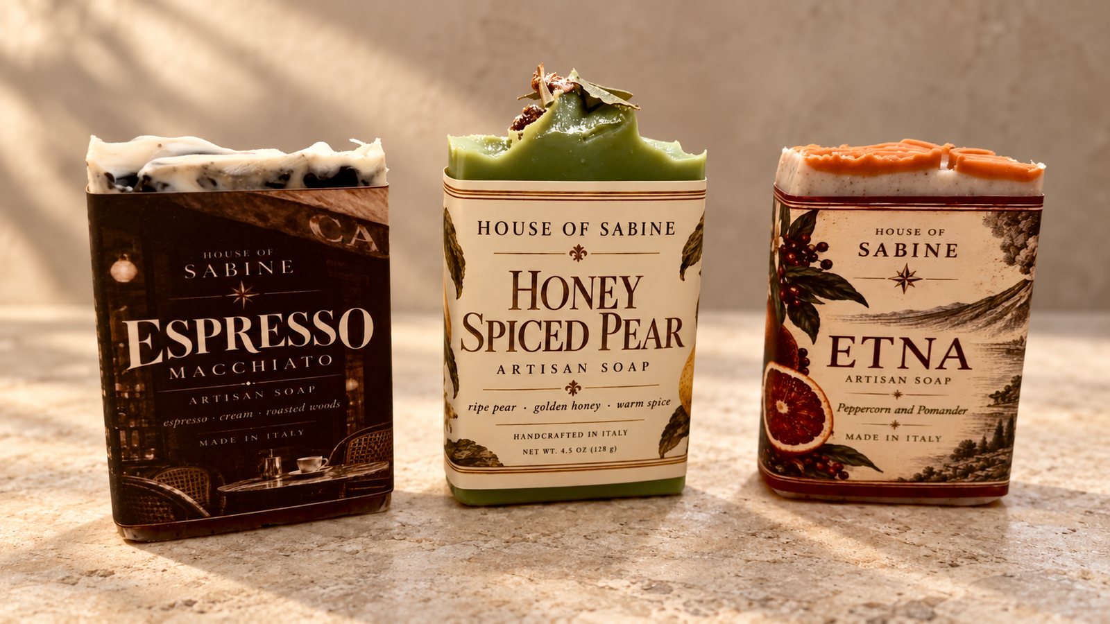 Three labeled bars: Espresso Macchiato, Honey Spiced Pear and Etna, in warm window light